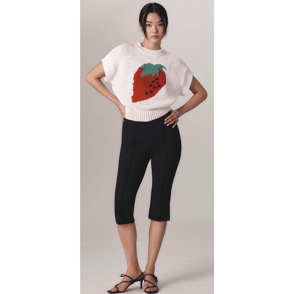 Maeve for Anthropologie Pippa Strawberry Cap Sleeve Crew-Neck Sweater in cream